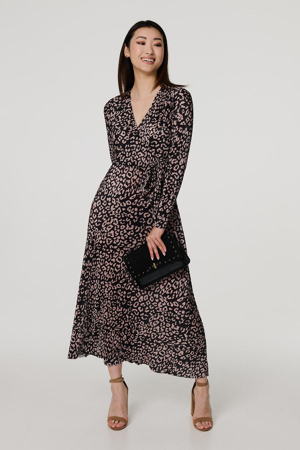 Black | Animal Print Pleated Wrap Midi Dress
