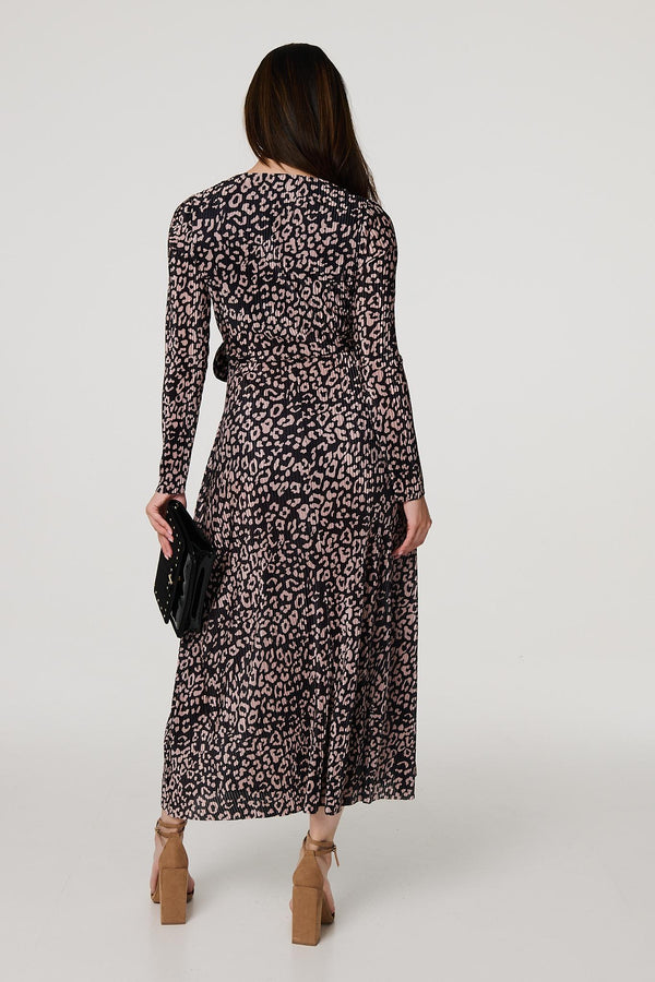 Black | Animal Print Pleated Wrap Midi Dress
