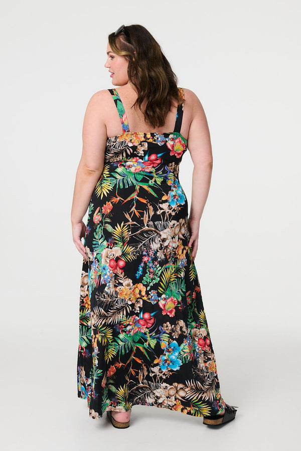 Black | Tropical Print Empire Maxi Dress