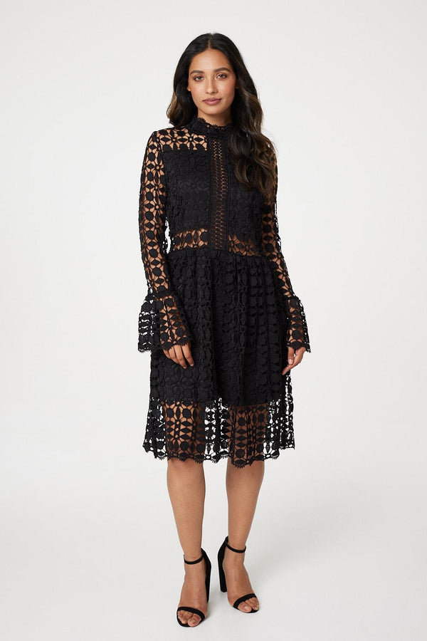 Black | Lace Semi Sheer Skater Dress : Model is 5'7.5"/171 cm and wears UK8/EU36/US4/AUS8