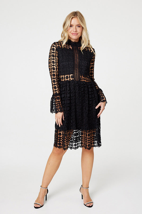 Black | Lace Semi Sheer Skater Dress