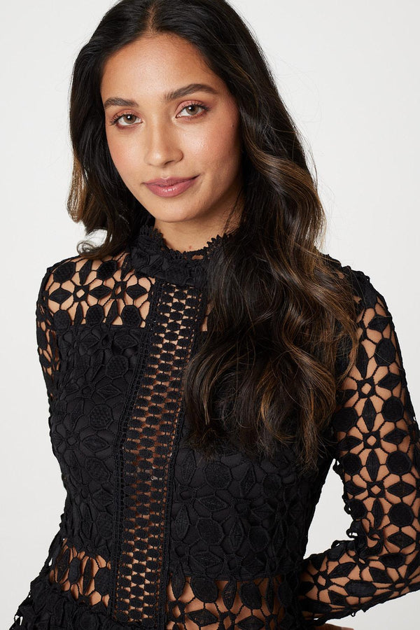 Black | Lace Semi Sheer Skater Dress