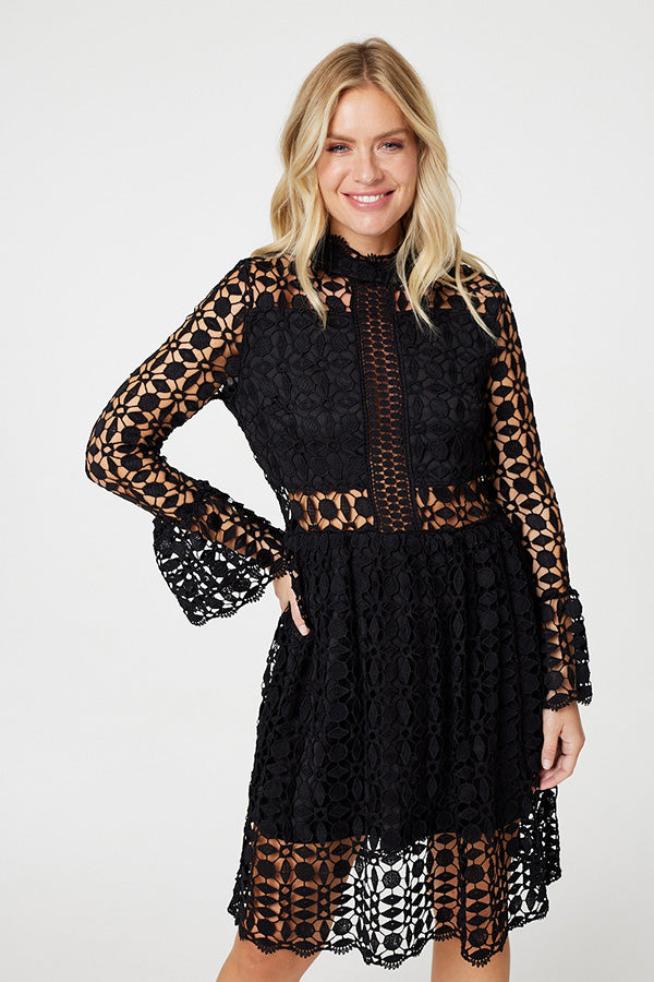 Black | Lace Semi Sheer Skater Dress : Model is 5'10"/178 cm and wears UK8/EU36/US4/AUS8