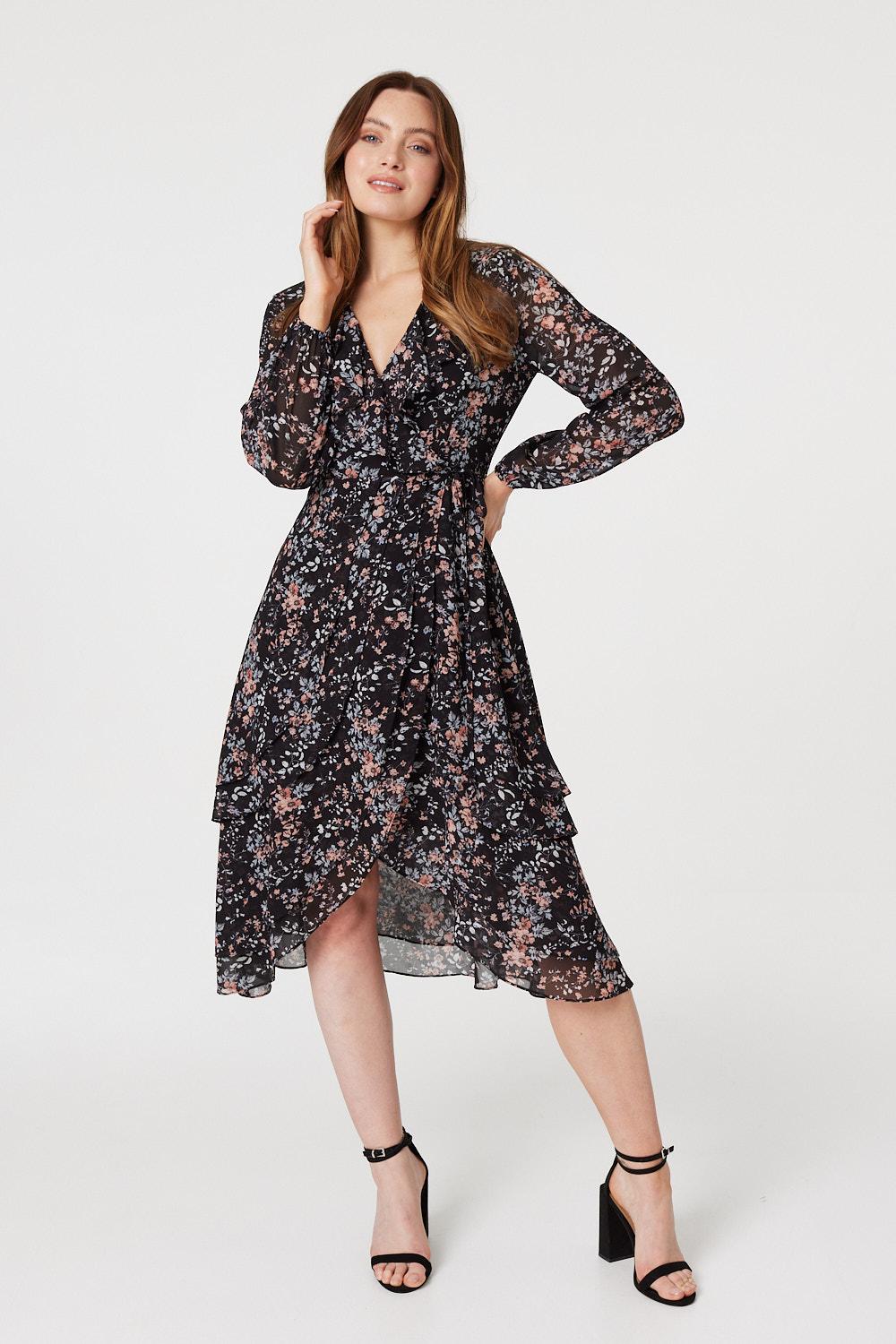 Floral High Low Wrap Midi Dress Izabel London