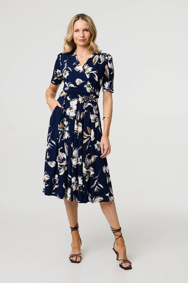 Navy | Floral 1/2 Sleeve V-Neck Midi Wrap Dress
