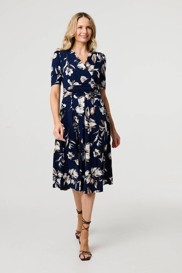 Navy | Floral 1/2 Sleeve V-Neck Midi Wrap Dress
