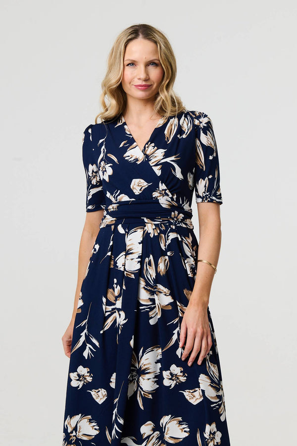 Navy | Floral 1/2 Sleeve V-Neck Midi Wrap Dress
