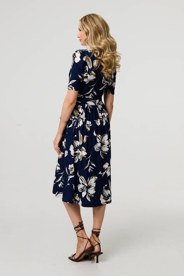 Navy | Floral 1/2 Sleeve V-Neck Midi Wrap Dress
