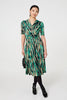 Green | Printed 1/2 Sleeve Wrap Waist Midi Dress
