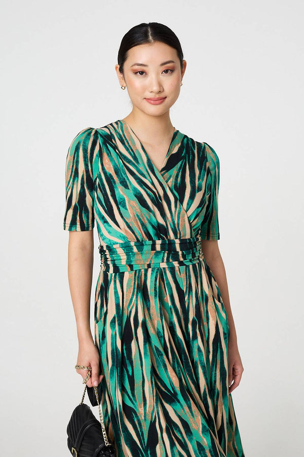 Green | Printed 1/2 Sleeve Wrap Waist Midi Dress
