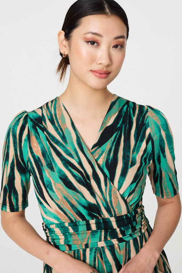 Green | Printed 1/2 Sleeve Wrap Waist Midi Dress
