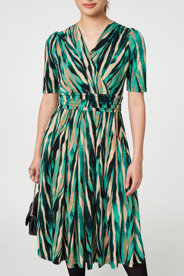 Green | Printed 1/2 Sleeve Wrap Waist Midi Dress
