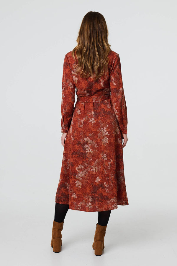 Orange | Leaf Print Tie Waist Midi Shirt Dress
