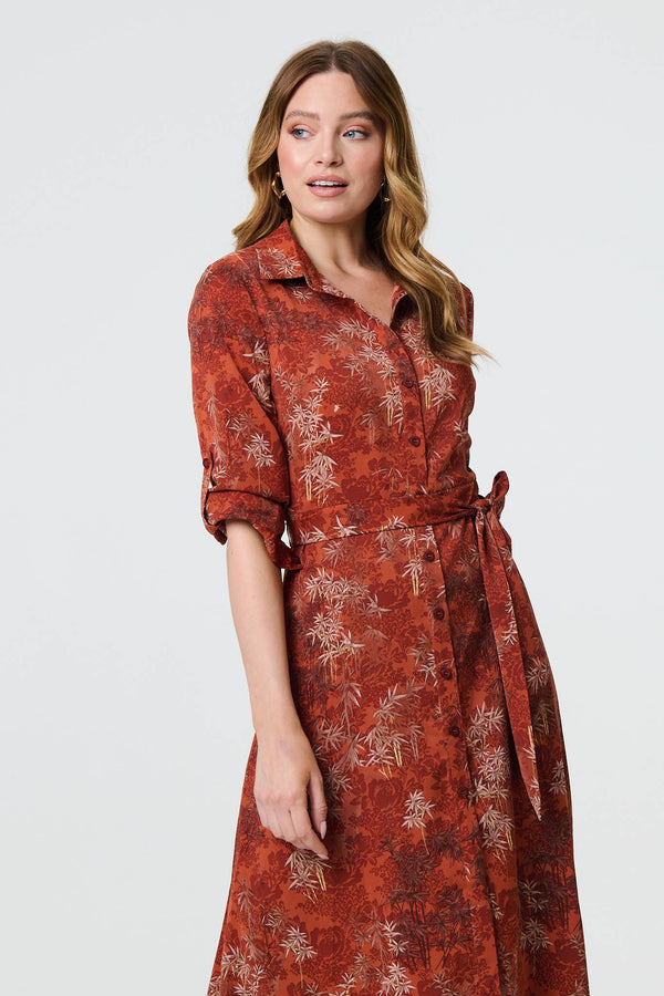 Orange | Leaf Print Tie Waist Midi Shirt Dress
