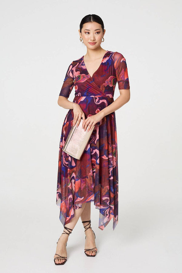 Red | Printed Semi Sheer 1/2 Sleeve Midi Dress
