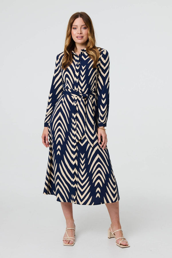 Navy | Chevron Print Tie Waist Shirt Midi Dress
