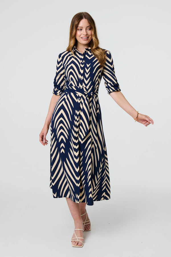 Navy | Chevron Print Tie Waist Shirt Midi Dress
