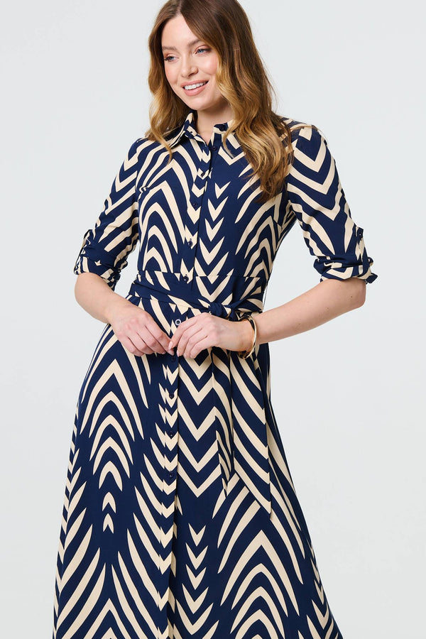 Navy | Chevron Print Tie Waist Shirt Midi Dress
