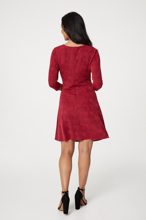 Red | Floral Ruched Front Skater Dress