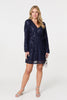 Navy | Sparkly Sequin Long Sleeve Mini Wrap Dress
