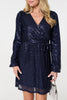 Navy | Sparkly Sequin Long Sleeve Mini Wrap Dress
