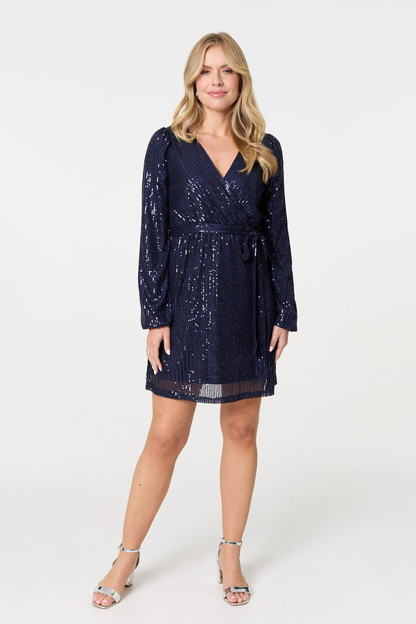 Navy | Sparkly Sequin Long Sleeve Mini Wrap Dress
