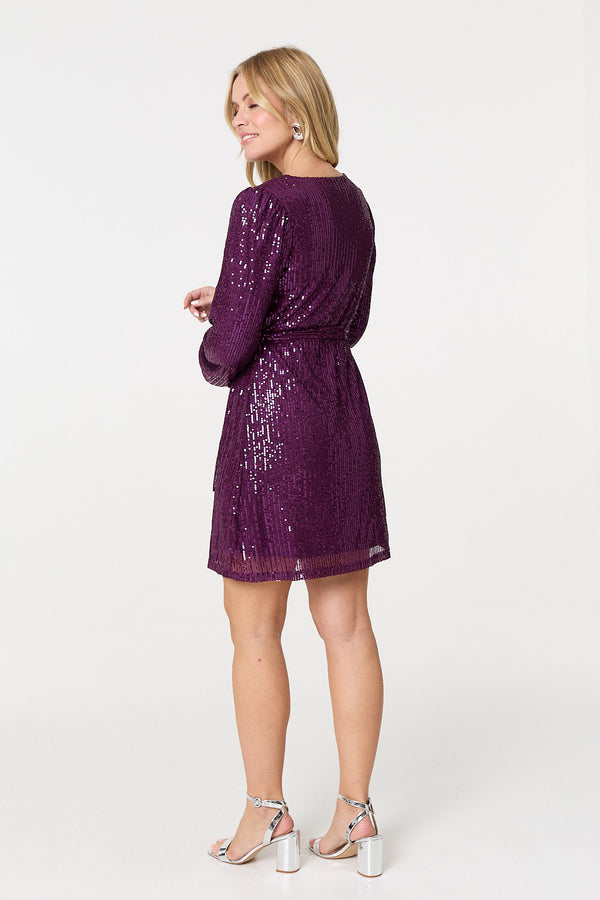 Purple | Sparkly Sequin Long Sleeve Mini Wrap Dress
