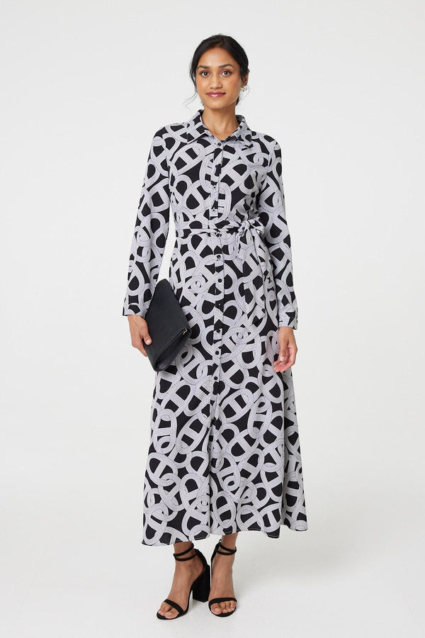 Black And White | Printed Long Sleeve Shirt Maxi Dress
