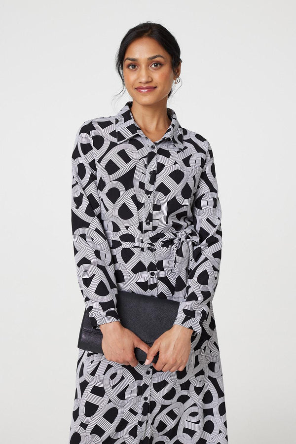 Black And White | Printed Long Sleeve Shirt Maxi Dress
