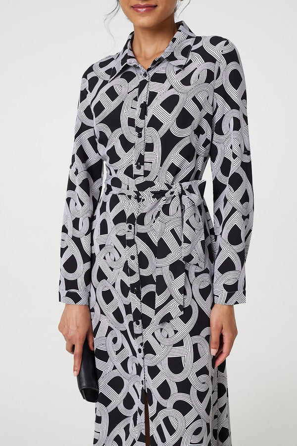 Black And White | Printed Long Sleeve Shirt Maxi Dress
