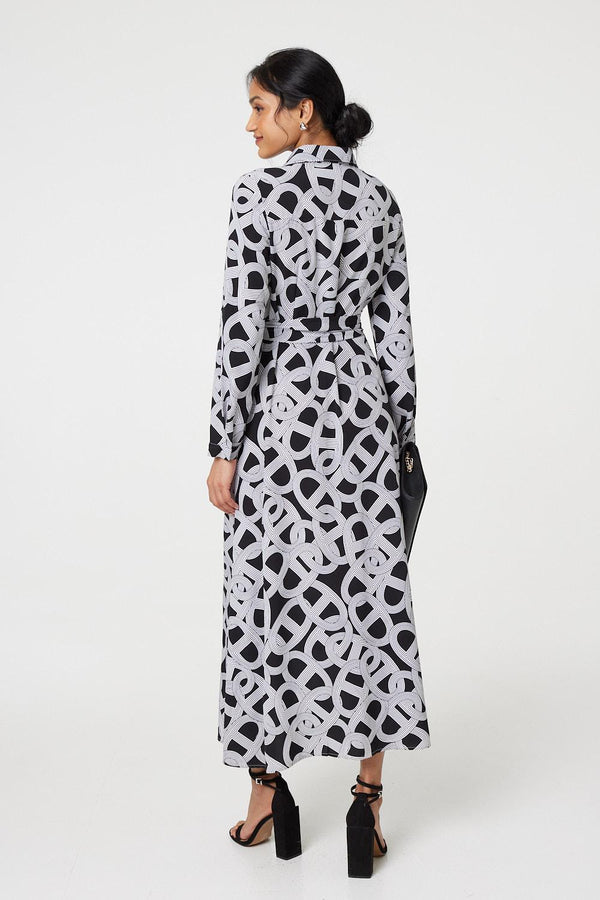 Black And White | Printed Long Sleeve Shirt Maxi Dress
