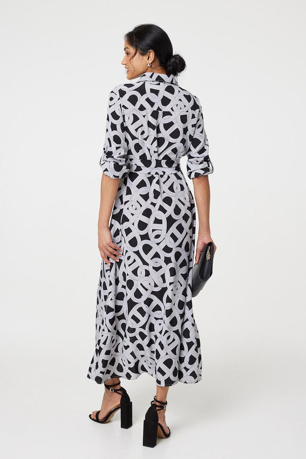 Black And White | Printed Long Sleeve Shirt Maxi Dress
