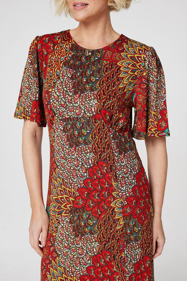 Orange | Peacock Print Jersey Midi Dress