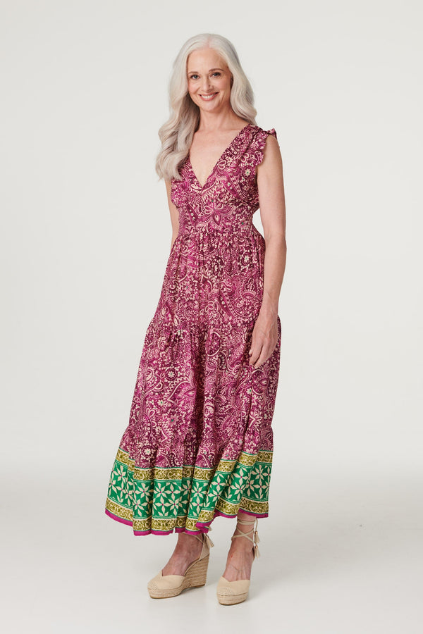 Red | Paisley Frill Sleeve Maxi Dress