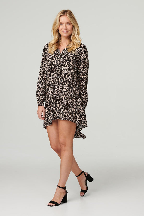 Black | Printed Collarless High Low Dress