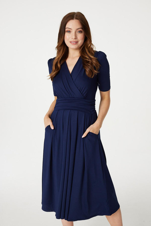 Navy | Ruched Waist Jersey Wrap Dress