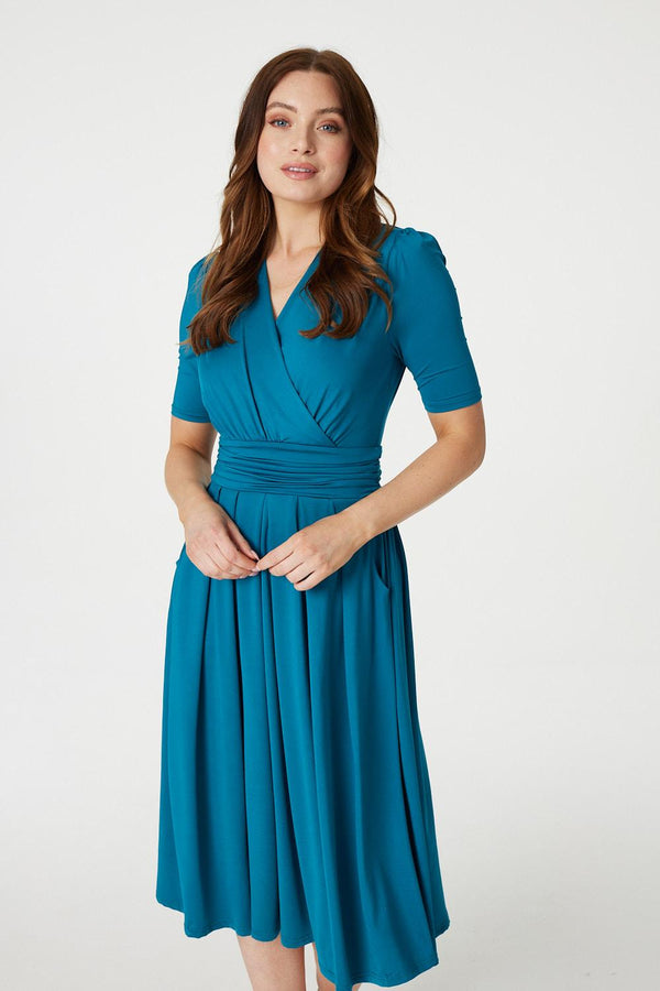 Turquoise | Ruched Waist Jersey Wrap Dress