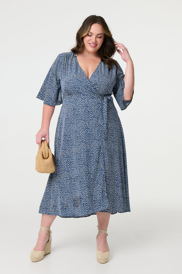 Navy | Printed Tie Waist Wrap Midi Dress : Model is 5'8"/172 cm and wears UK18/EU46/US14/AUS18