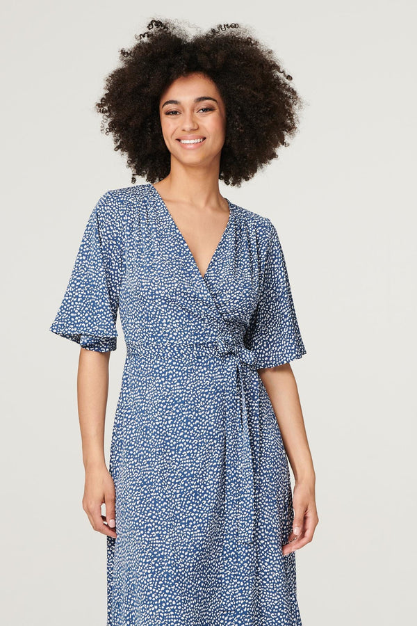 Navy | Printed Tie Waist Wrap Midi Dress