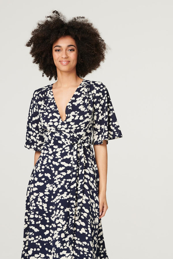 Navy | Printed Split Front Midi Dress