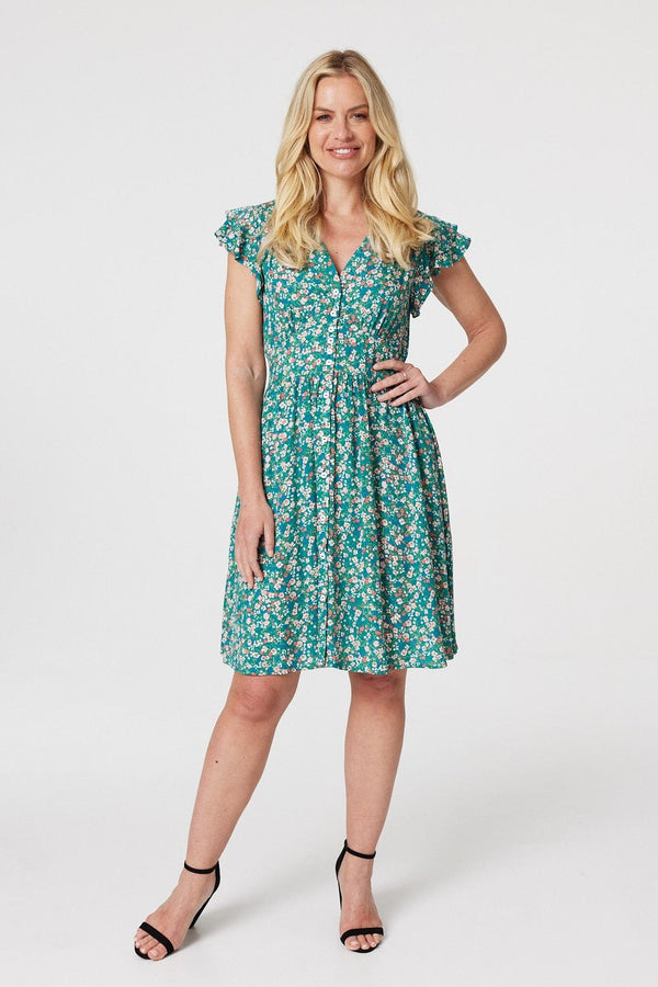 Green | Floral Ruffle Sleeve Skater Dress