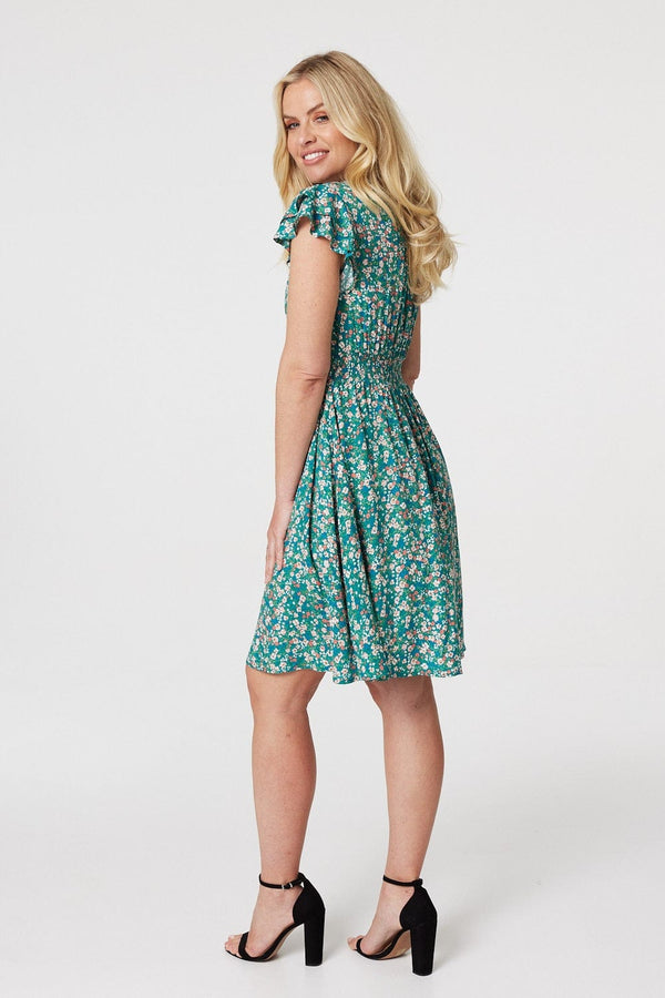 Green | Floral Ruffle Sleeve Skater Dress