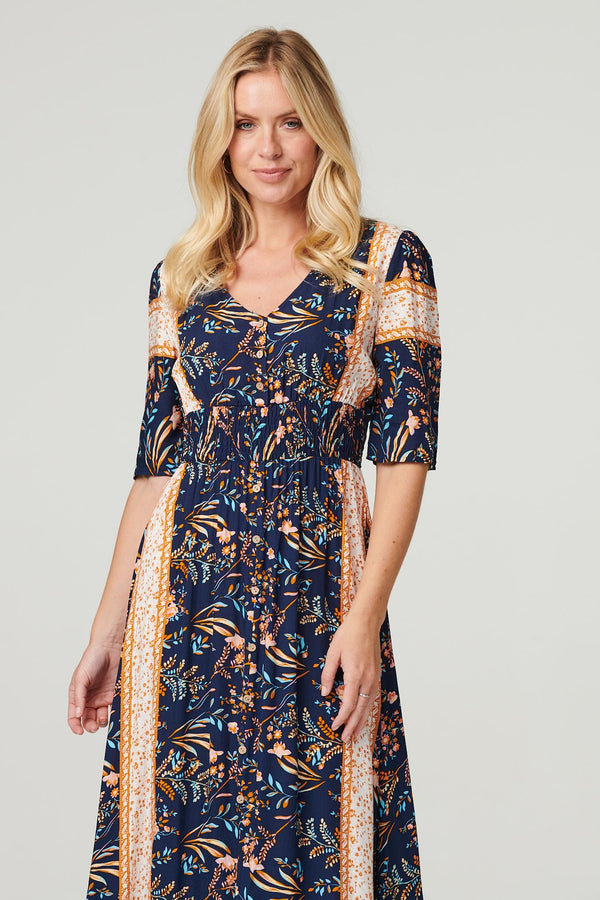 Navy | Printed 1/2 Sleeve Maxi Dress