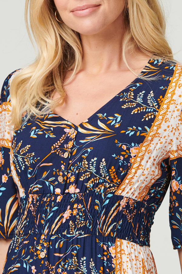 Navy | Printed 1/2 Sleeve Maxi Dress