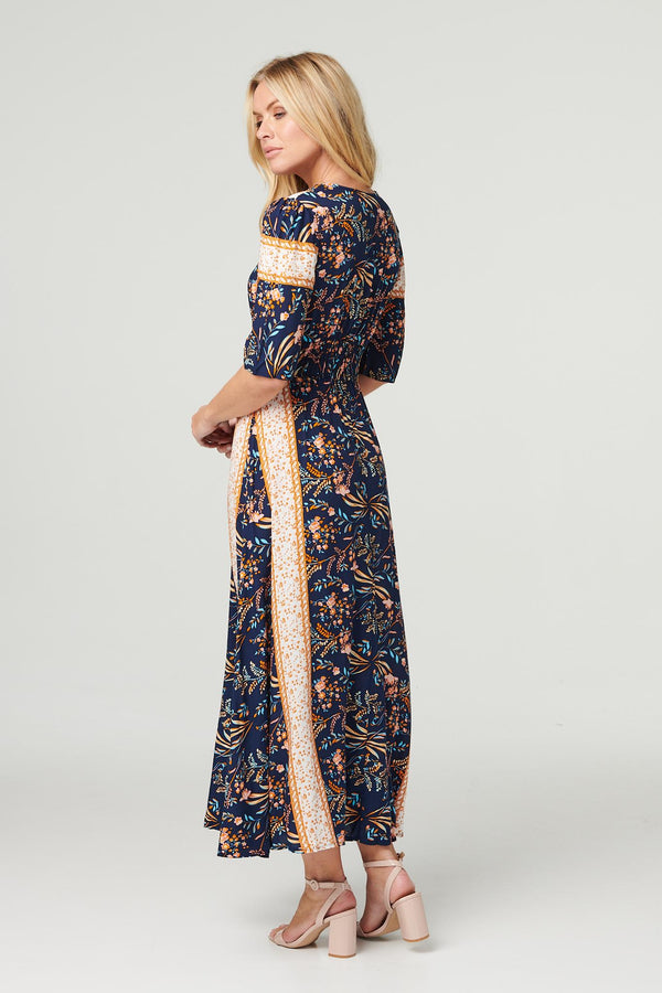 Navy | Printed 1/2 Sleeve Maxi Dress