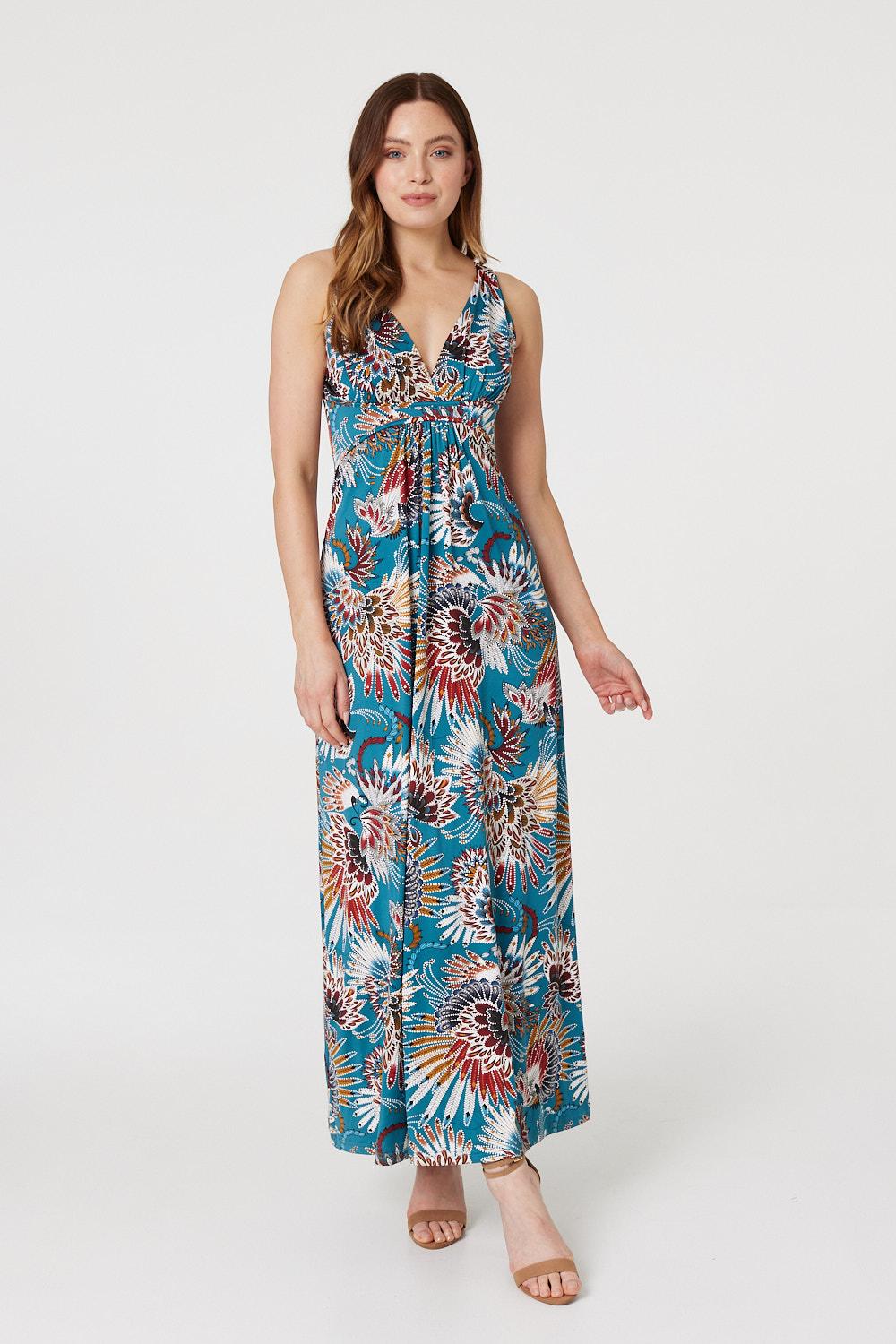 Feather Print Empire Maxi Dress