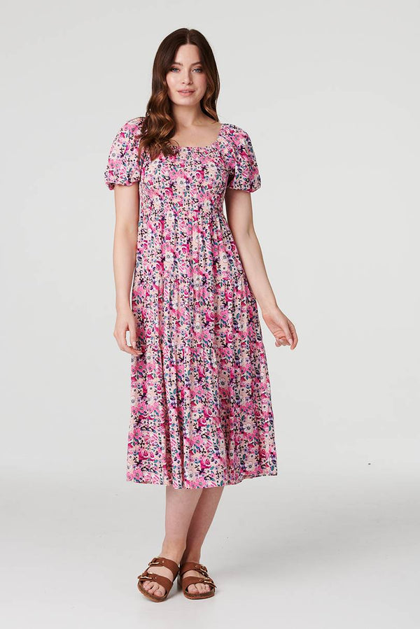 Pink | Floral Puff Sleeve Smock Midi Dress