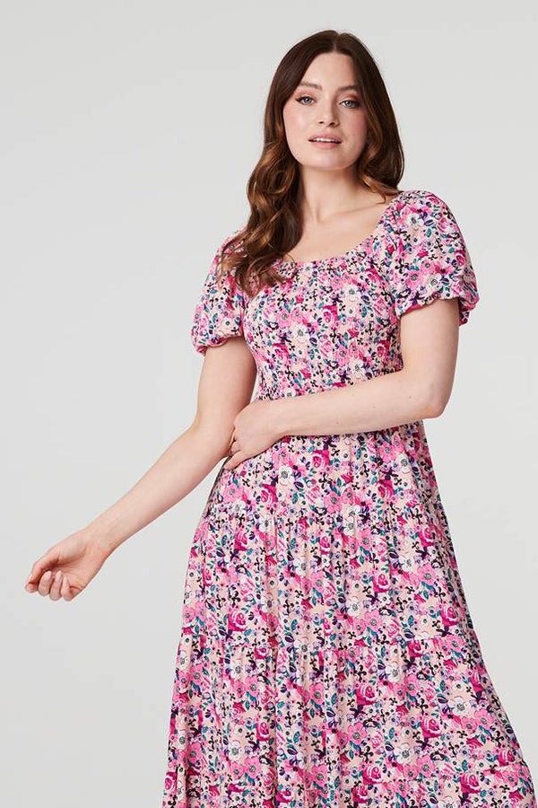 Pink | Floral Puff Sleeve Smock Midi Dress