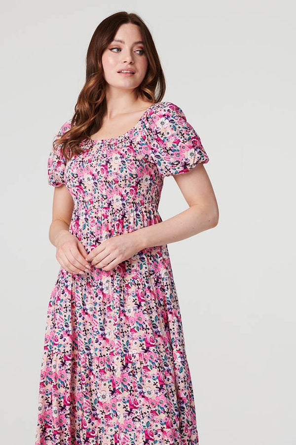 Pink | Floral Puff Sleeve Smock Midi Dress