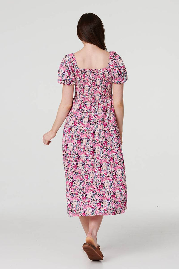 Pink | Floral Puff Sleeve Smock Midi Dress